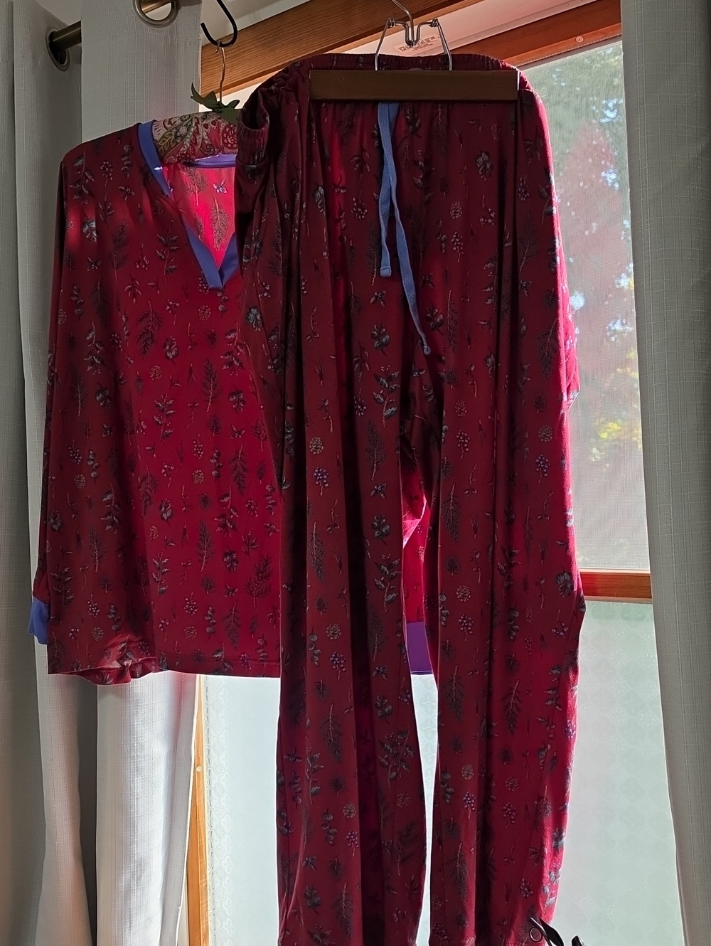 Women's Floral Pajama Set in Deep Red with Blue Trim